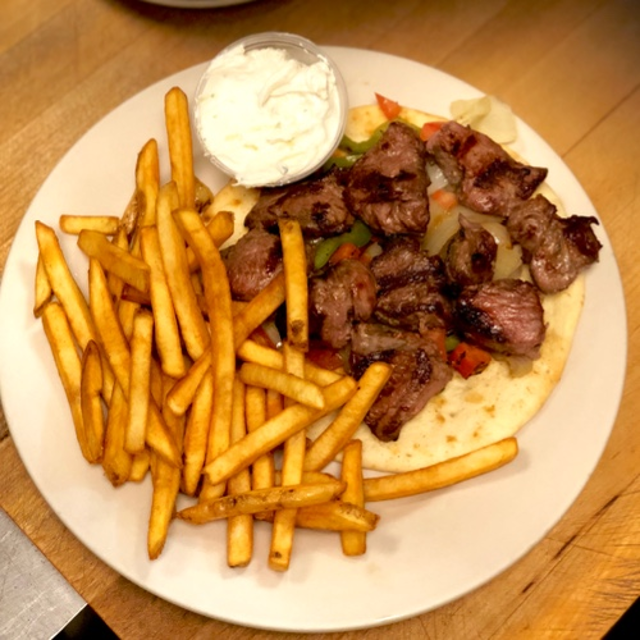 Lamb Souvlaki Platter.